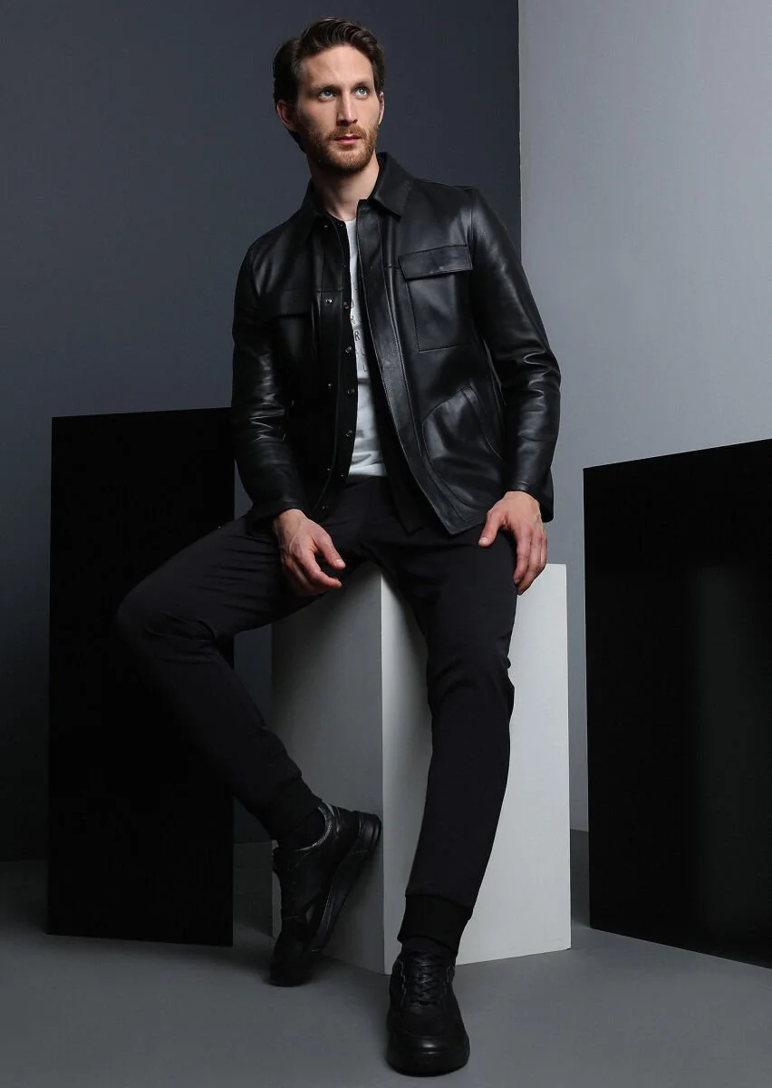 Black Leather Leather Coat - 1