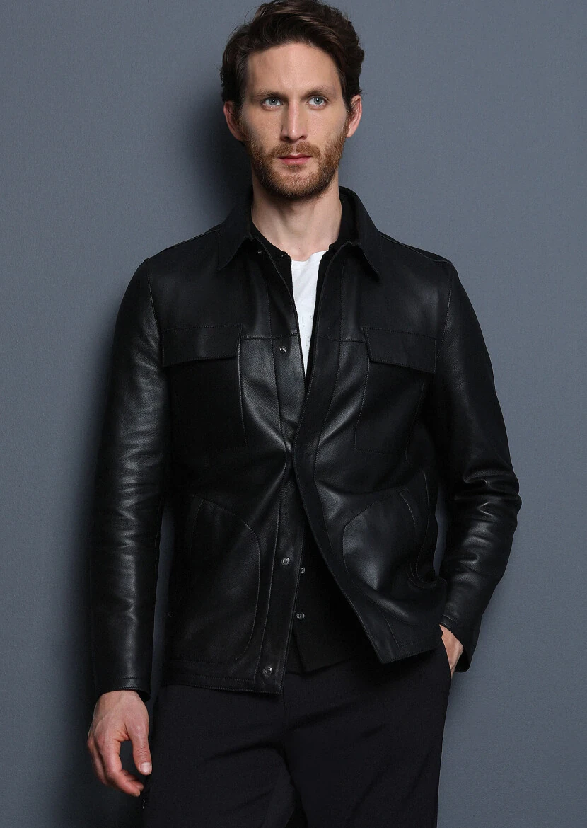 Black Leather Leather Coat - 3