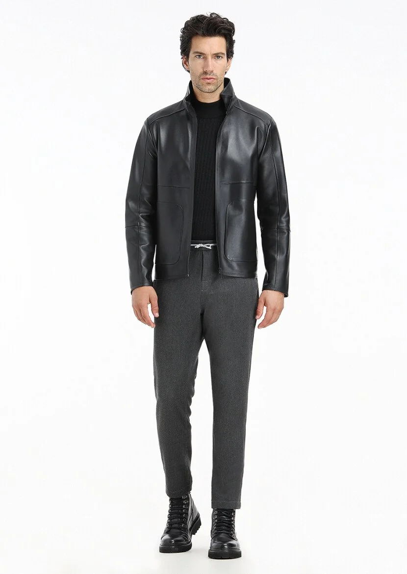 Black Leather Leather Coat - 1