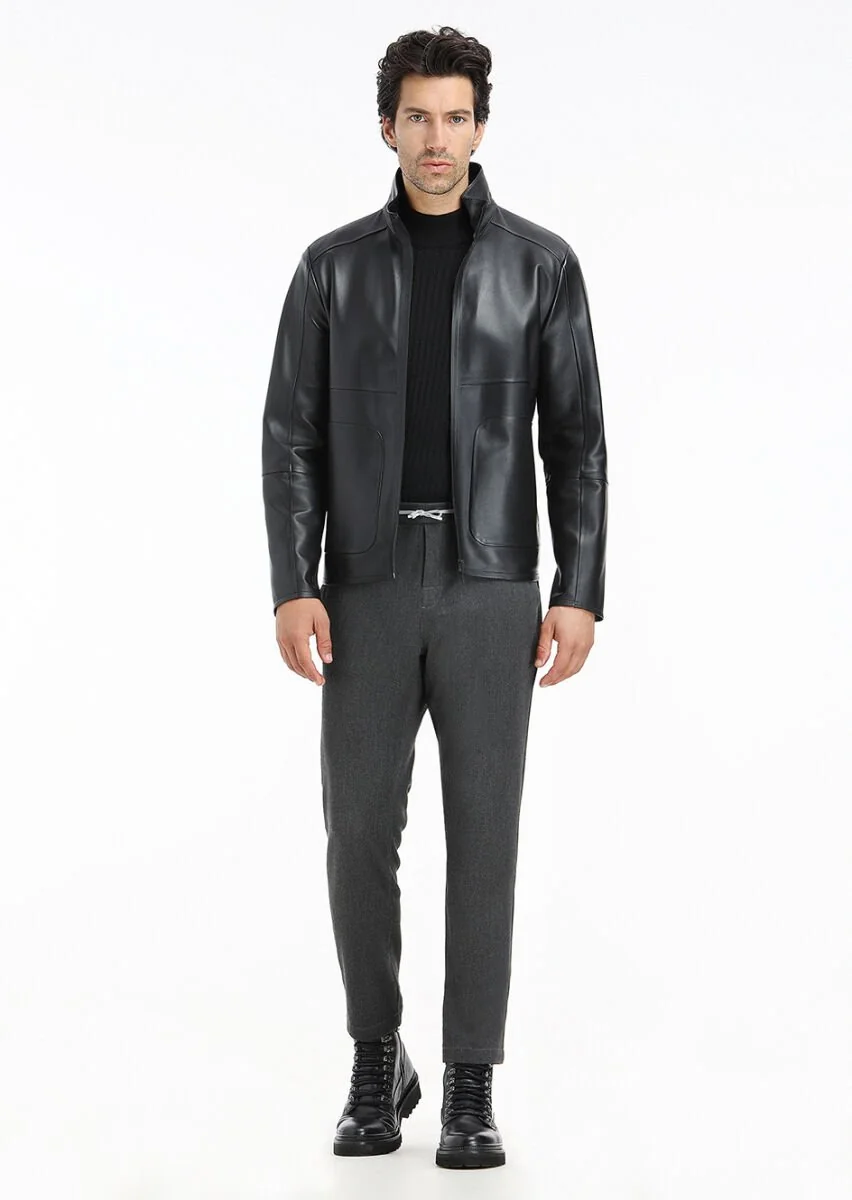 Black Leather Leather Coat - 1