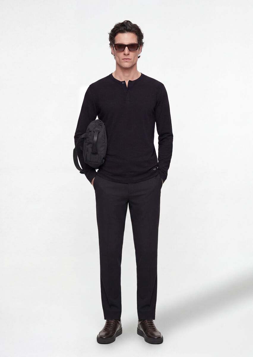Black Material Comfort Fit Classical 100% Wool Trousers - 1