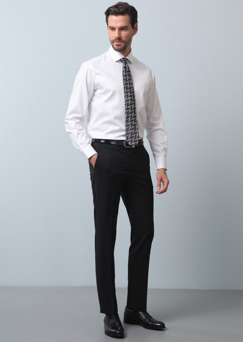 Black Material Modern Fit Classical 100% Wool Trousers - 4