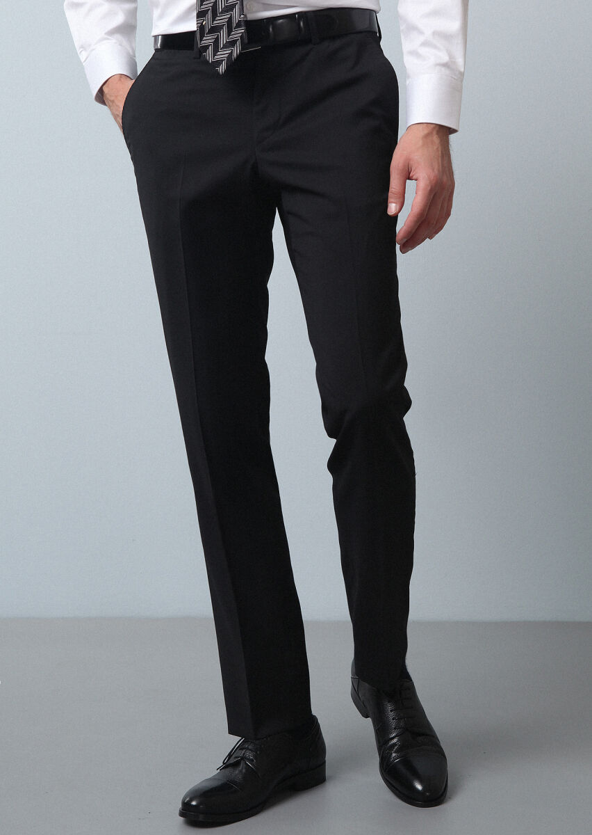 Black Material Modern Fit Classical 100% Wool Trousers - 3