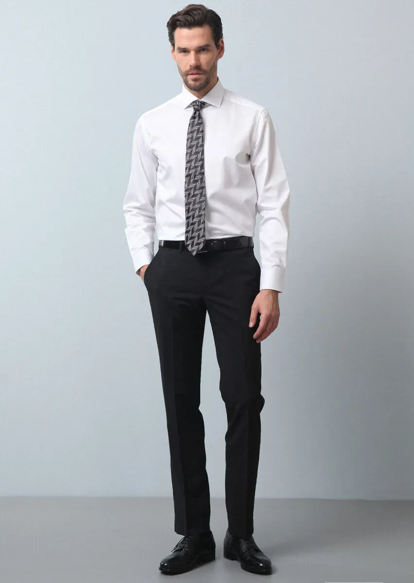 Black Material Modern Fit Classical 100% Wool Trousers - 1