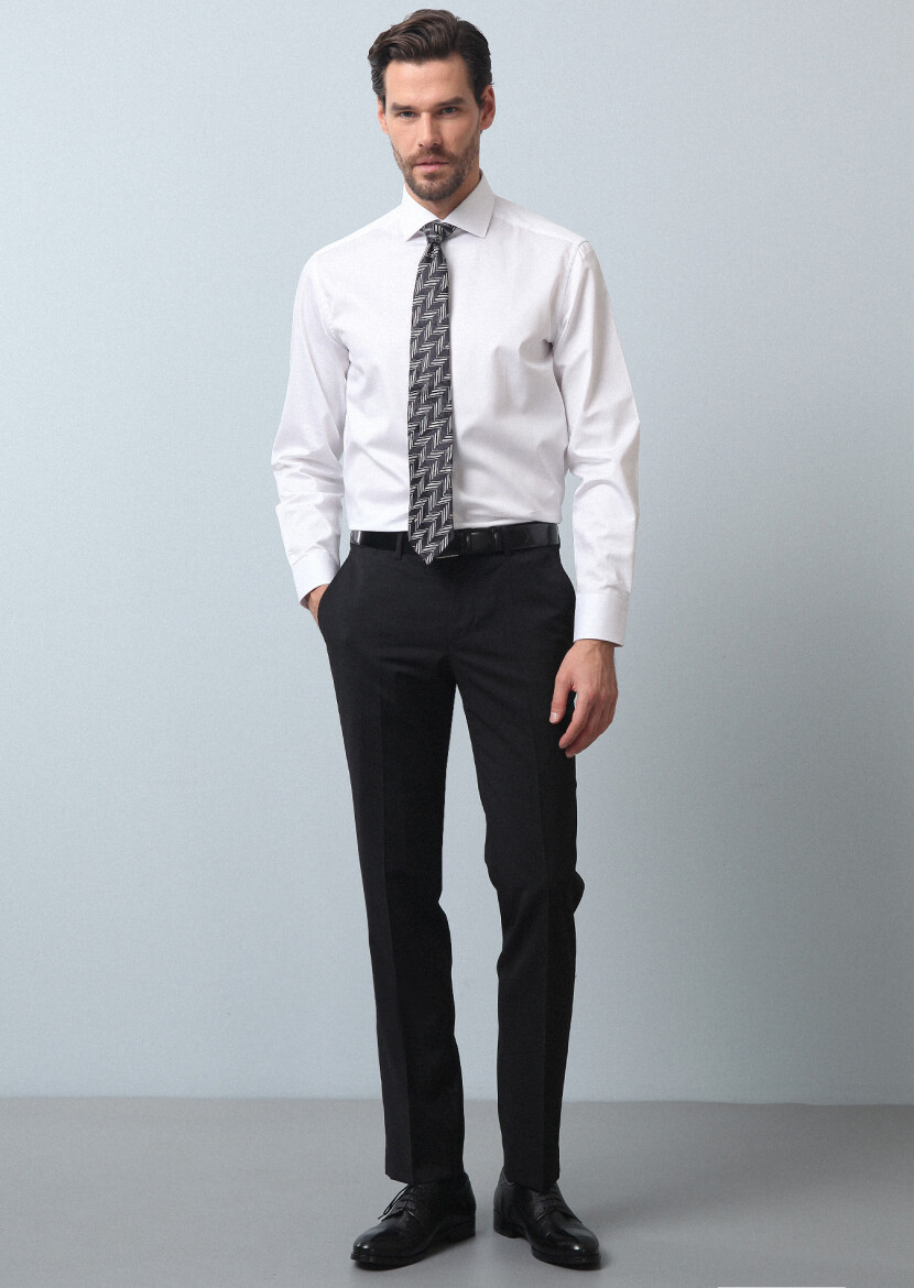 Black Material Modern Fit Classical 100% Wool Trousers - 1