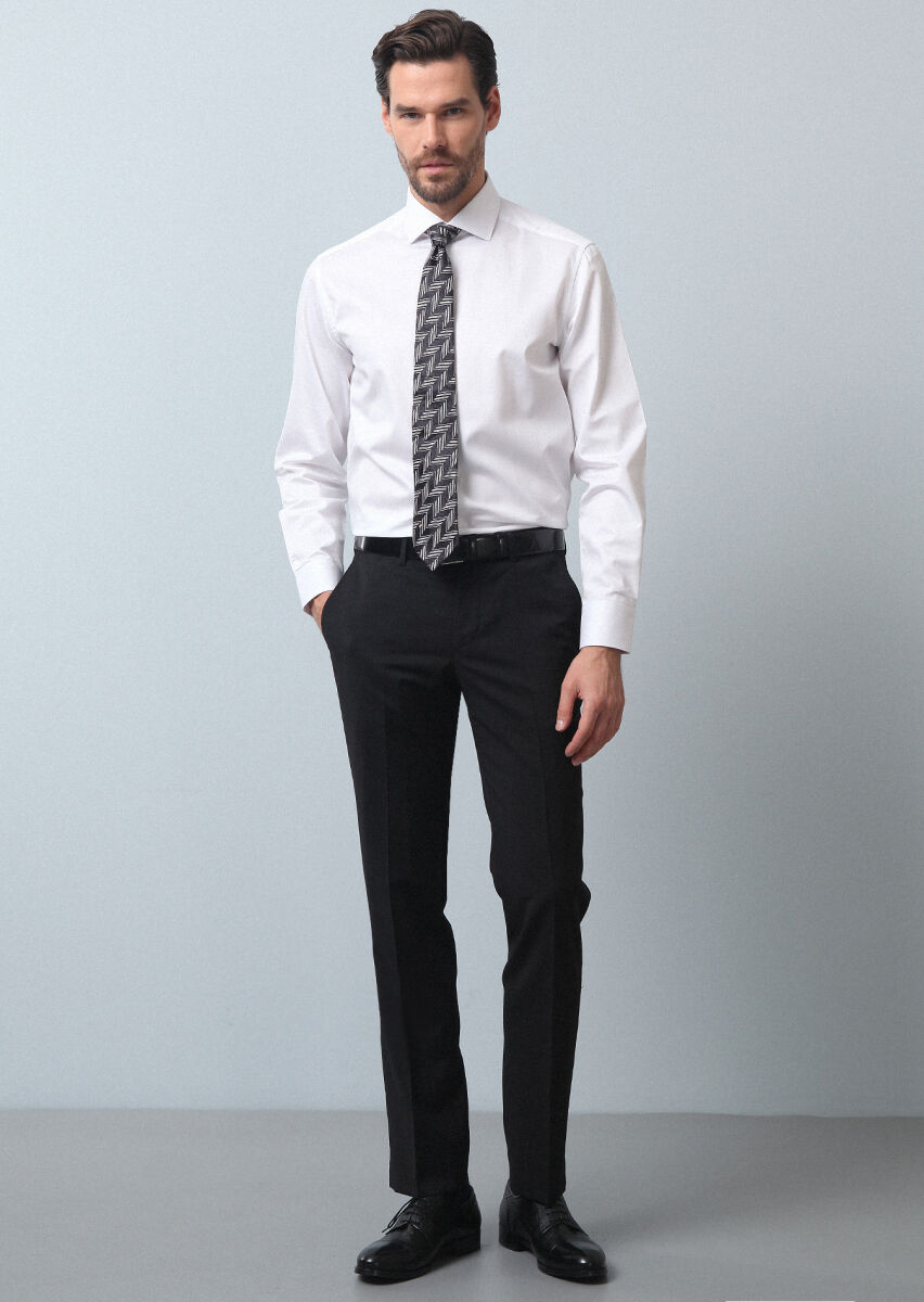 Black Material Modern Fit Classical 100% Wool Trousers - 1