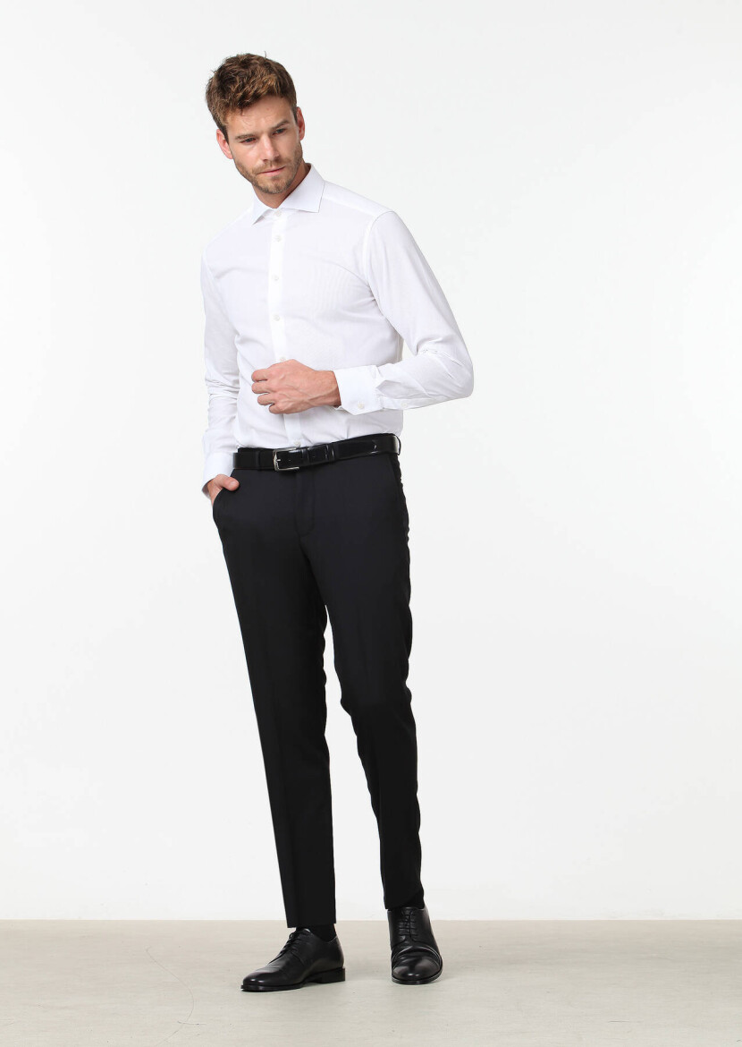 Black Material Regular Fit Classical 100% Wool Trousers - 1