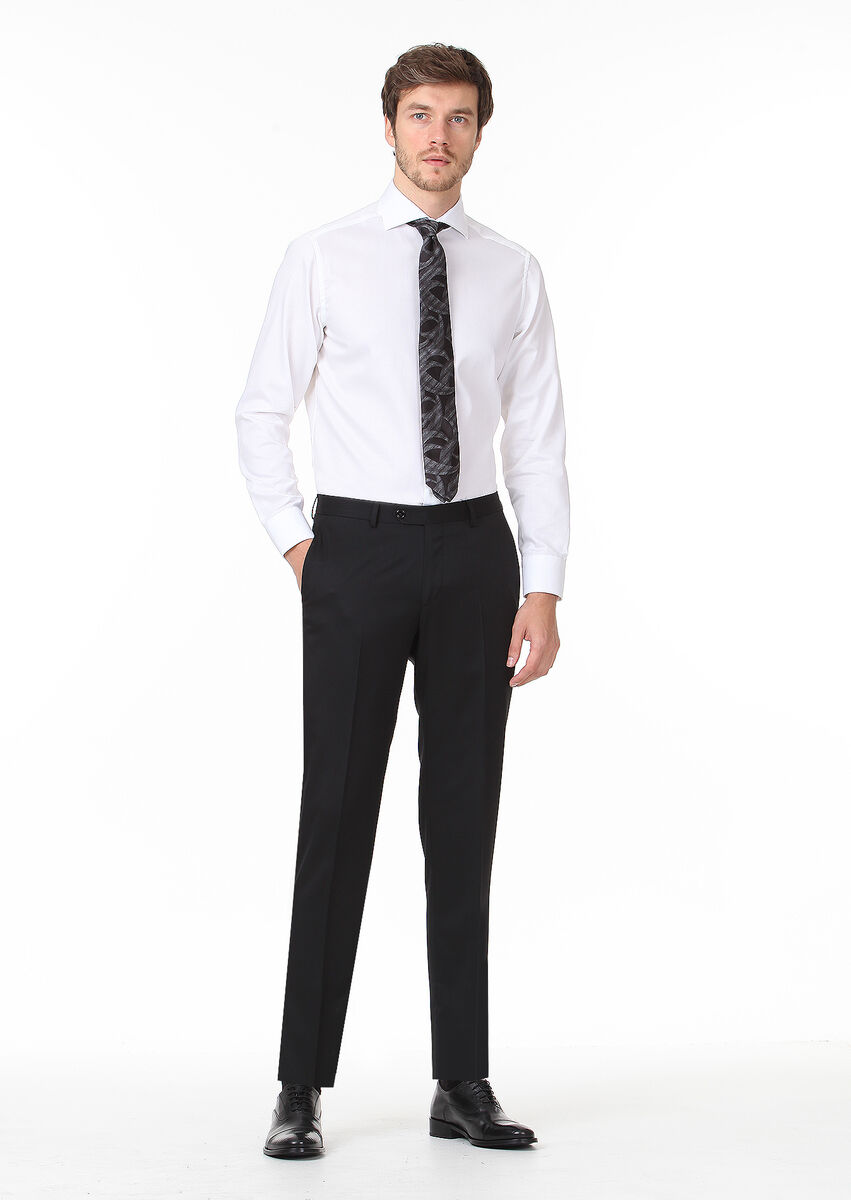 Black Material Regular Fit Classical 100% Wool Trousers - 2