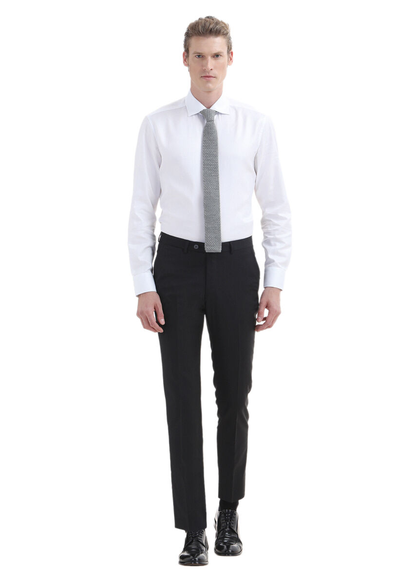 Black Material Slim Fit Classical 100% Wool Trousers - 1