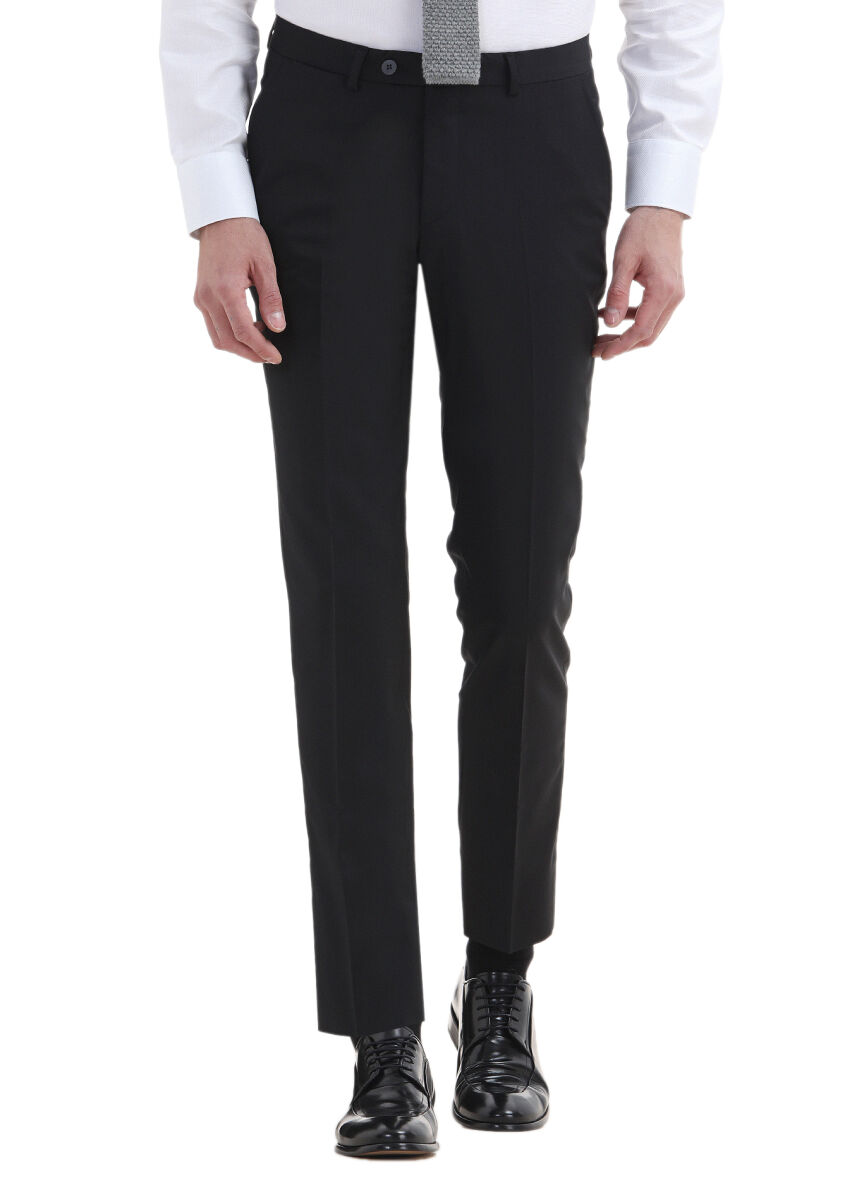 Black Material Slim Fit Classical 100% Wool Trousers - 2