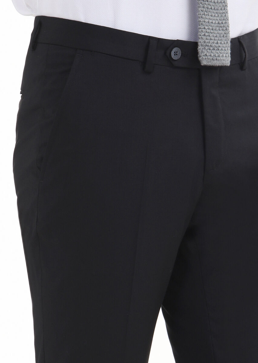 Black Material Slim Fit Classical 100% Wool Trousers - 3