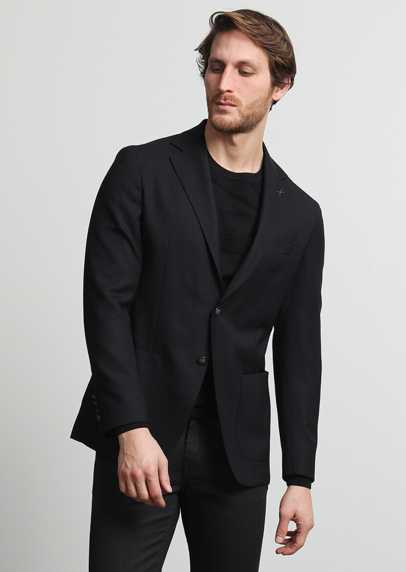 Black Micro Comfort Fit 100% Wool Jacket - 2