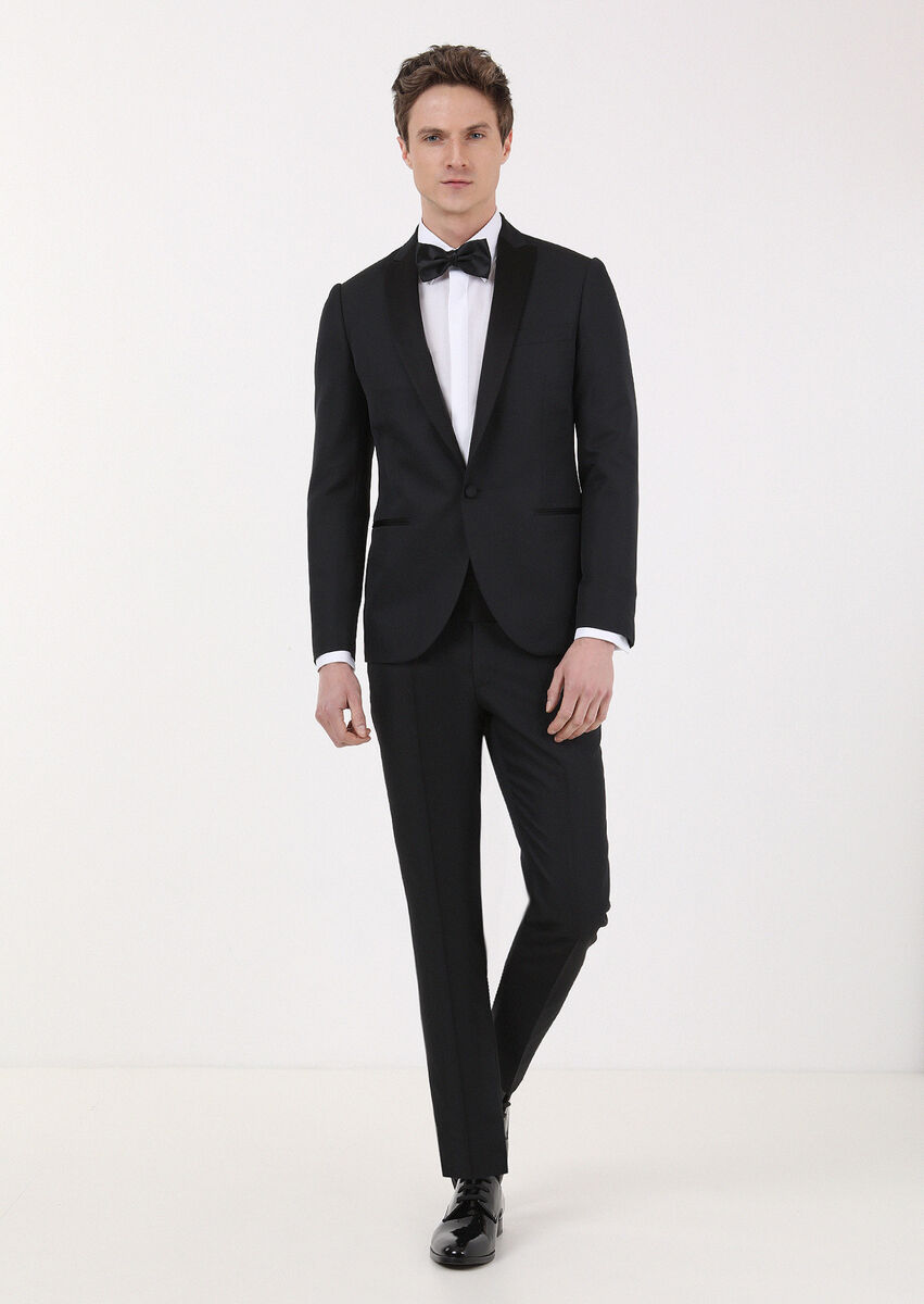 Black Micro Fashion Slim Fit Double Breasted Collar Weaving Tuxedo - 1