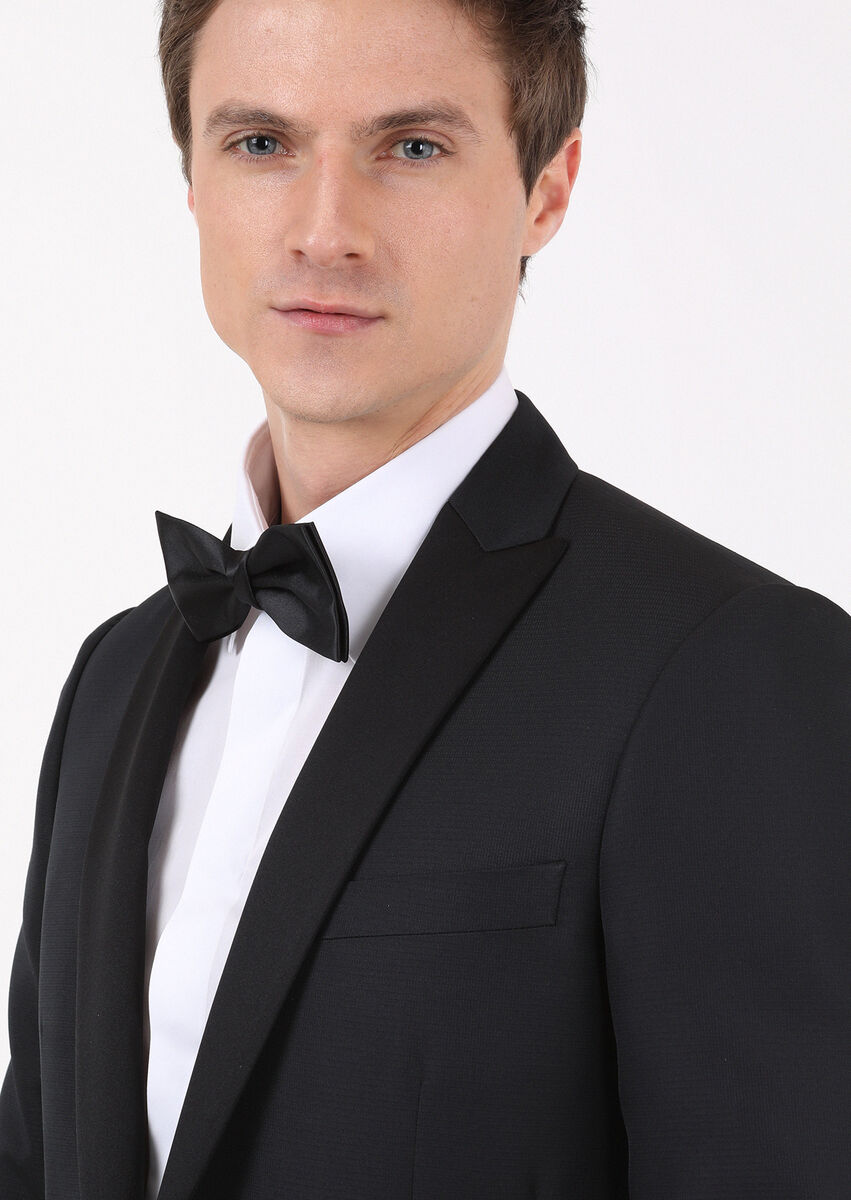 Black Micro Fashion Slim Fit Double Breasted Collar Weaving Tuxedo - 2