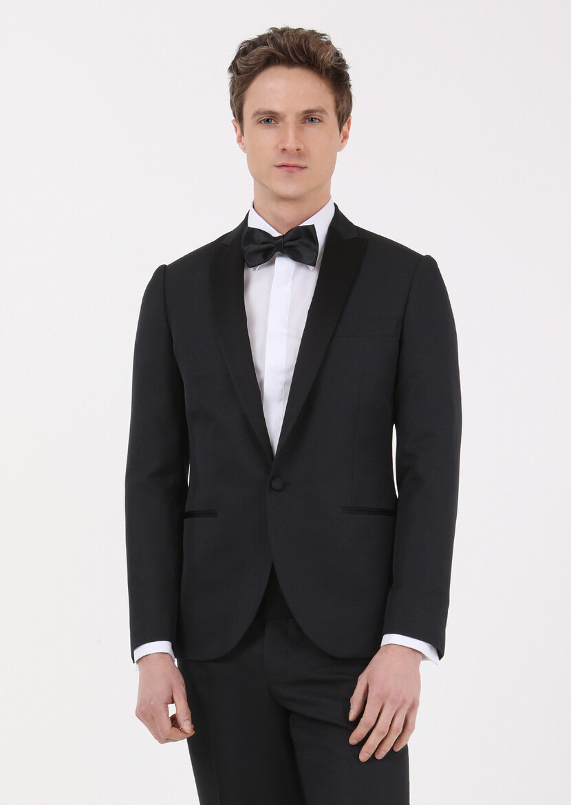 Black Micro Fashion Slim Fit Double Breasted Collar Weaving Tuxedo - 3