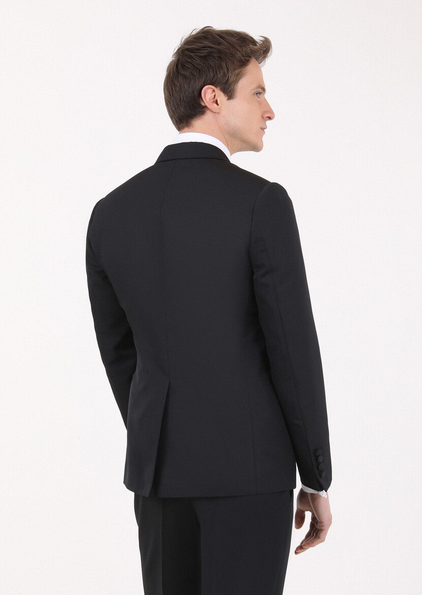 Black Micro Fashion Slim Fit Double Breasted Collar Weaving Tuxedo - 4