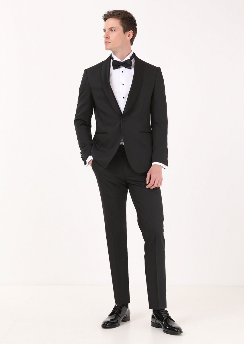 Black Micro Modern Fit Shawl Collar Weaving Tuxedo - 1