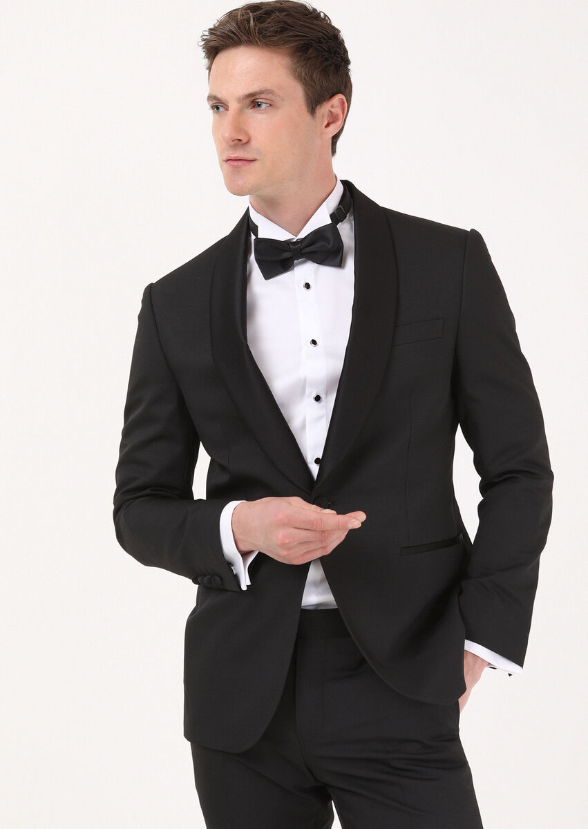 Black Micro Modern Fit Shawl Collar Weaving Tuxedo - 3