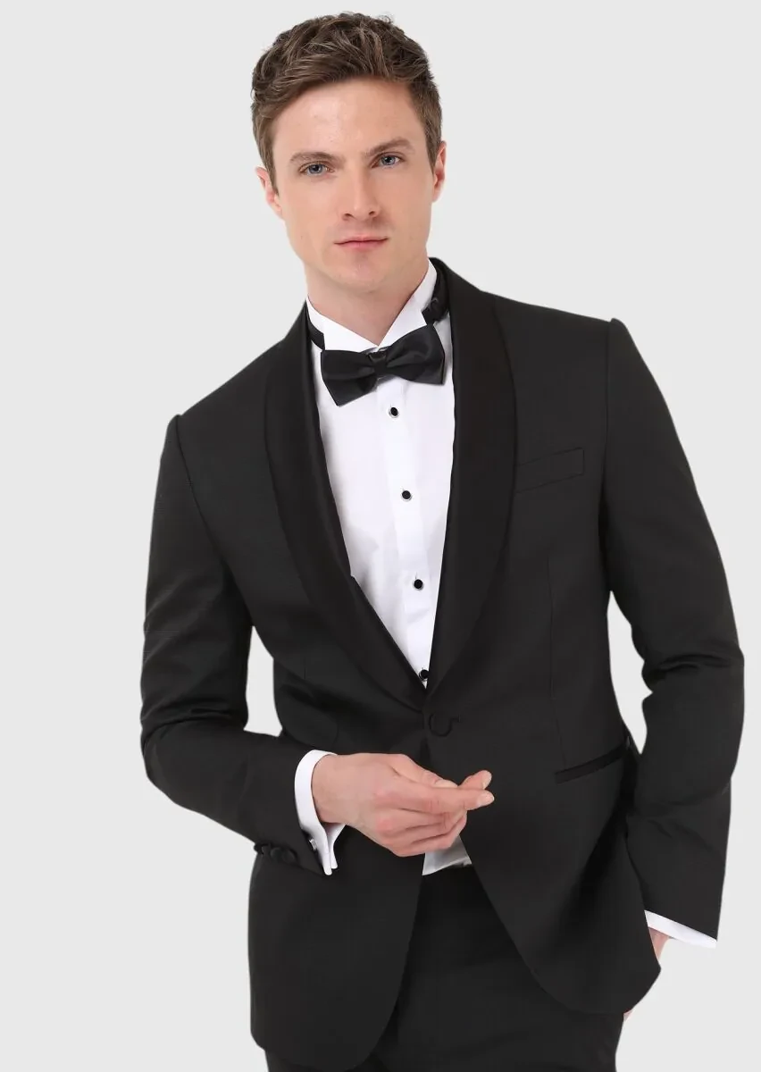Black Micro Modern Fit Shawl Collar Weaving Tuxedo - 2