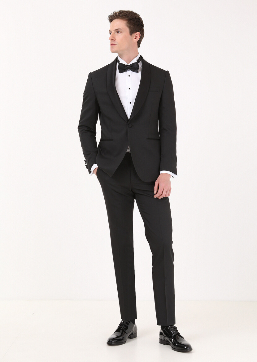 Black Micro Modern Fit Shawl Collar Weaving Tuxedo - 3