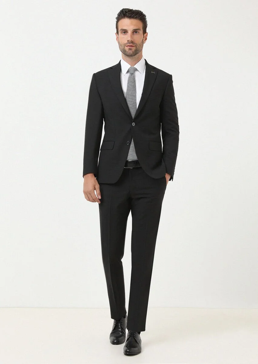 Black Micro Modern Fit Wool Blended Suit - 1