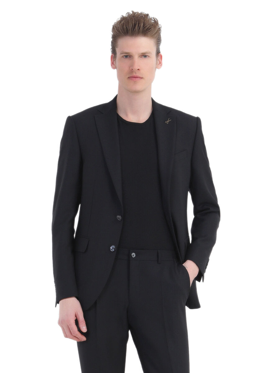 Black Micro Modern Fit Wool Blended Suit - 4