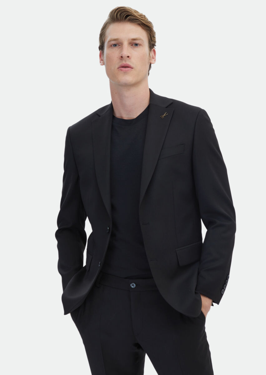 Black Micro Modern Fit Wool Blended Suit - 1