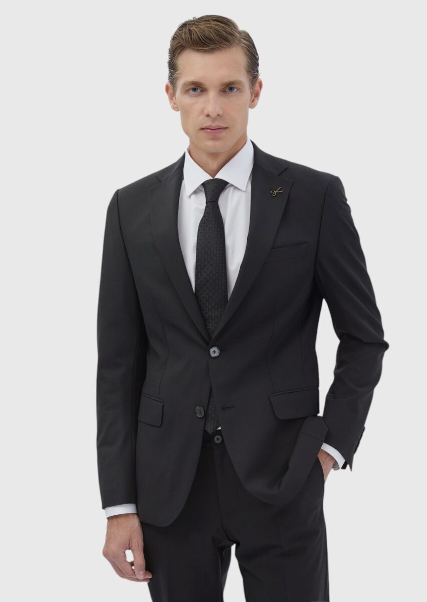 Black Micro Modern Fit Wool Blended Suit - 1