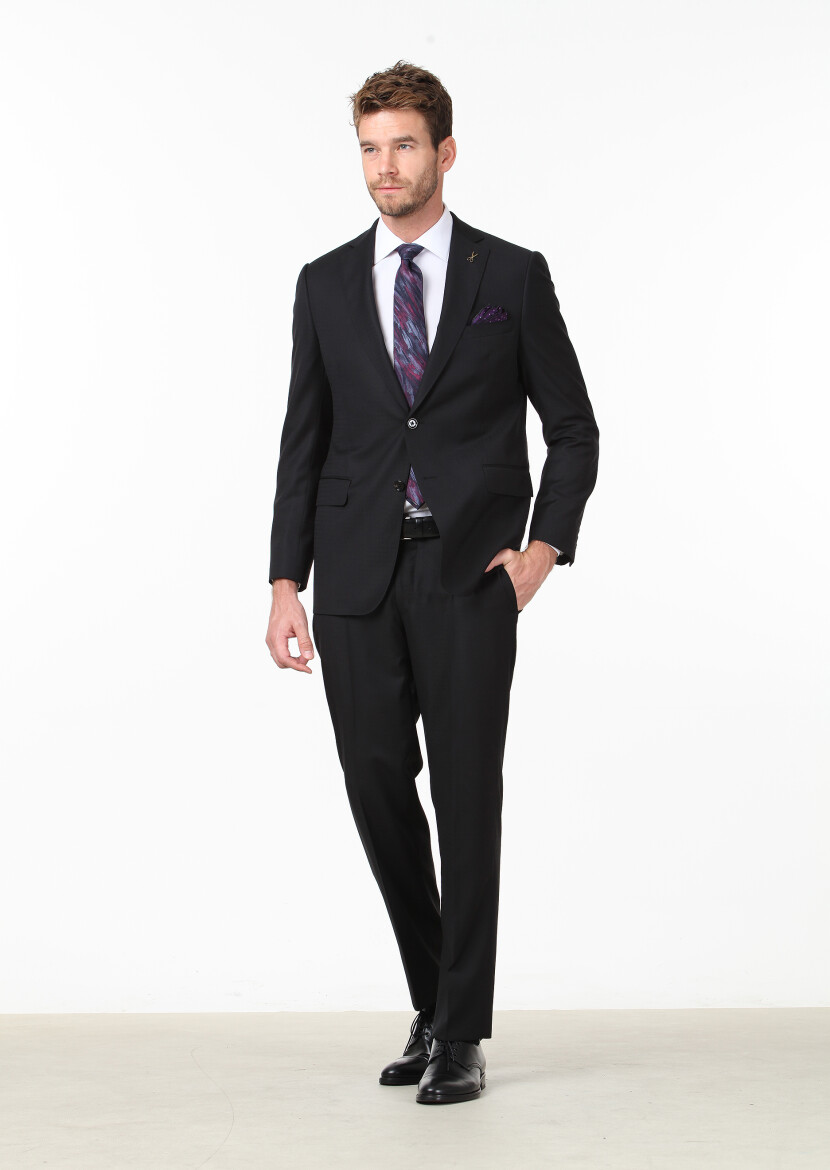 Black Micro Regular Fit 100% Wool Suit - 1