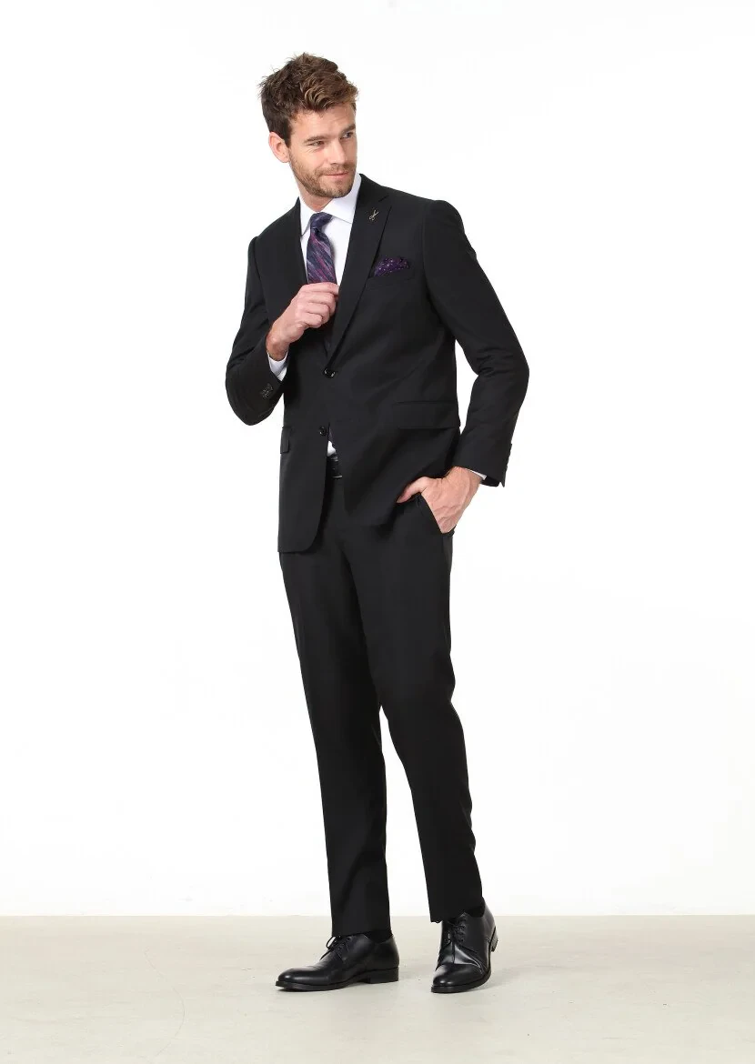 Black Micro Regular Fit 100% Wool Suit - 2