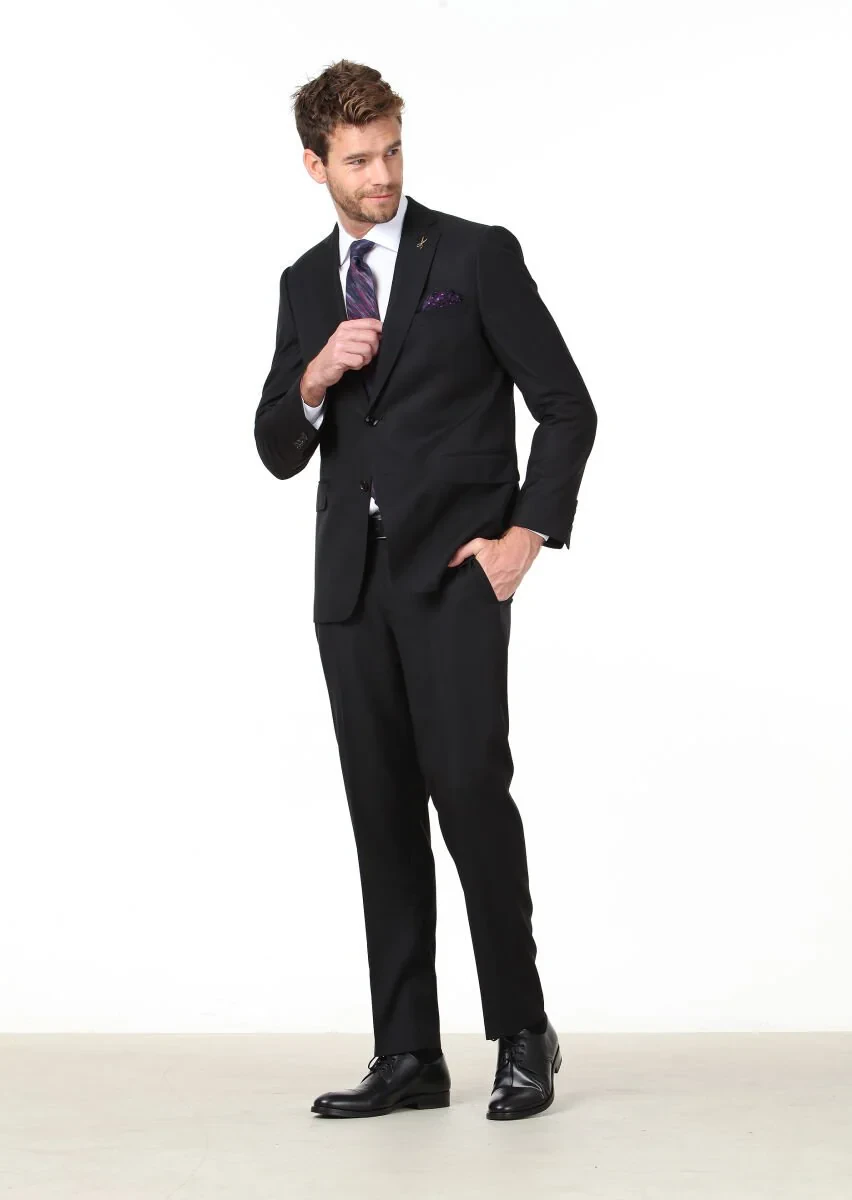 Black Micro Regular Fit 100% Wool Suit - 2