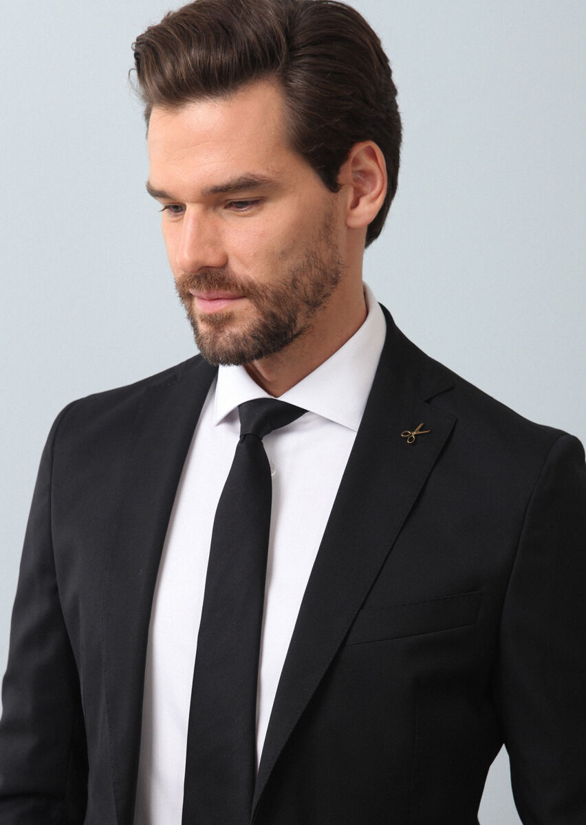 Black Micro Shirt Sholuder-Slim Fit Wool Blended Suit - 1