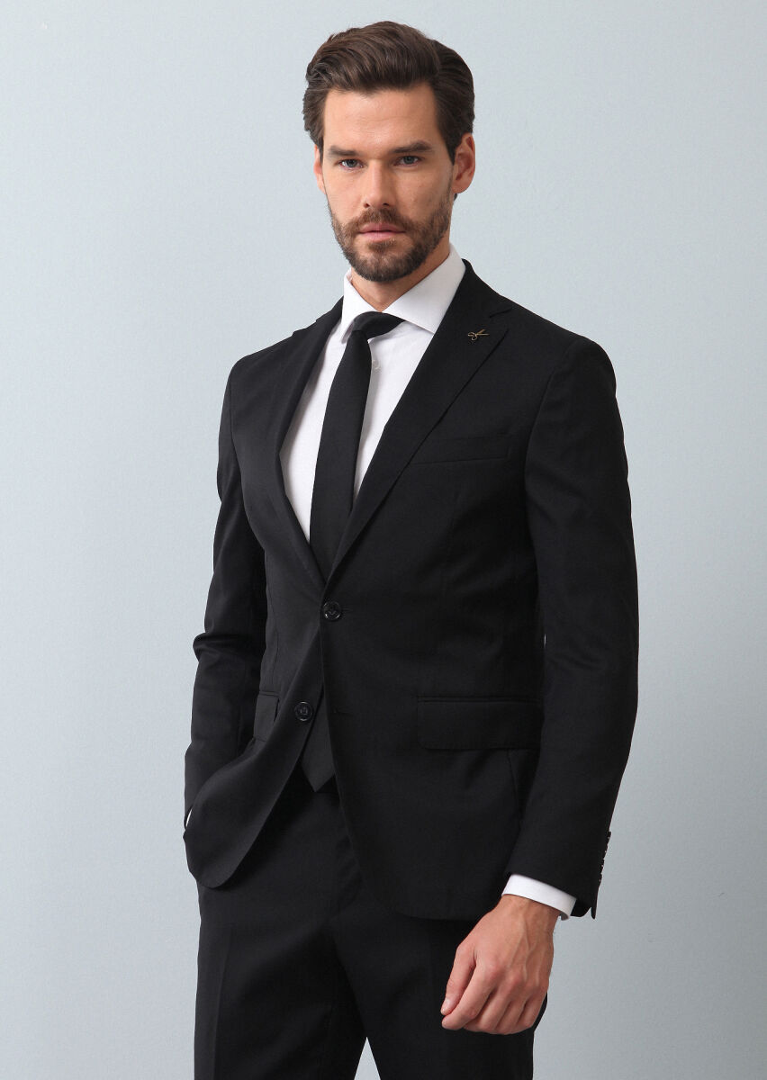 Black Micro Shirt Sholuder-Slim Fit Wool Blended Suit - 4