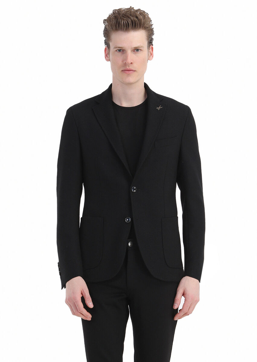 Black Micro Shirt Shoulder Slim Fit Silk Blended Jacket - 1