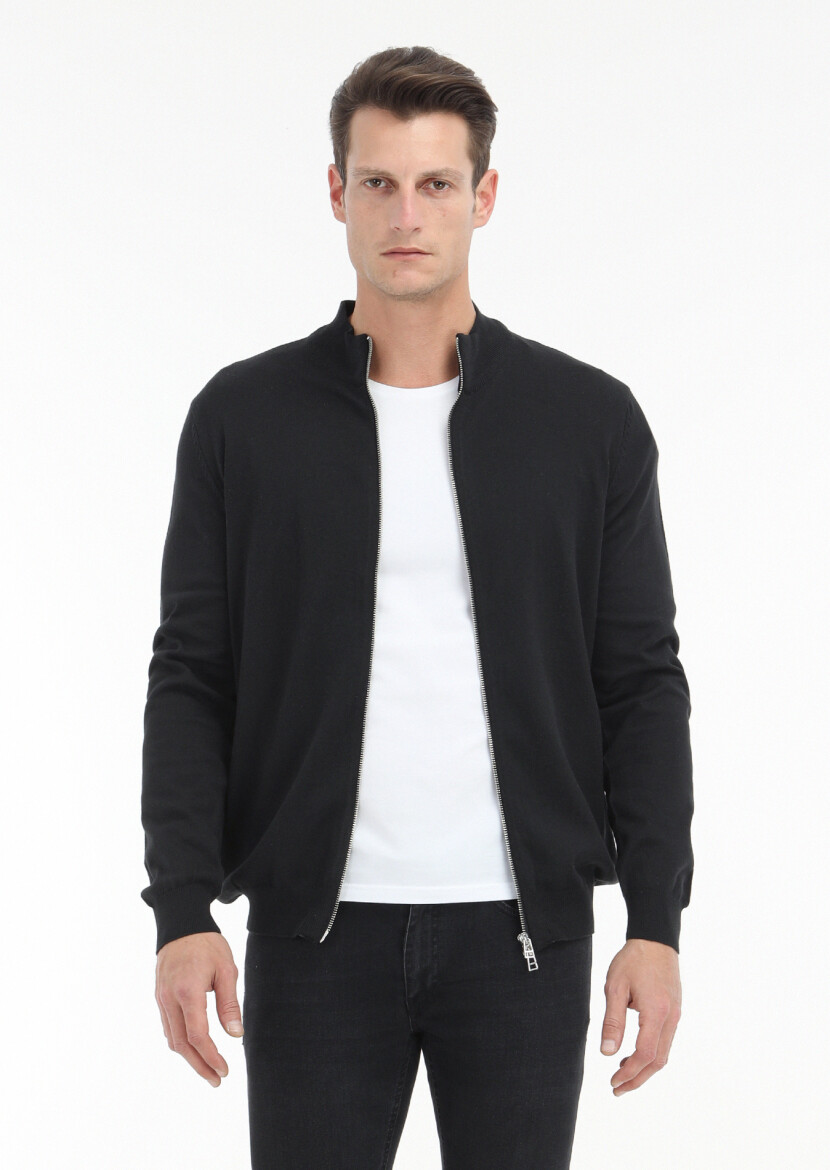 Black Mock-Turtleneck Plain Knitting Wool Blended Cardigan 