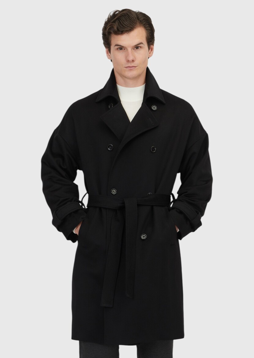 Black Oversize Fit Casual Weaving Overcoat - RAMSEY