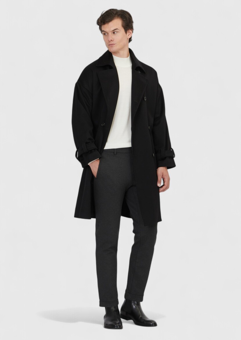 Black Oversize Fit Casual Weaving Overcoat - RAMSEY