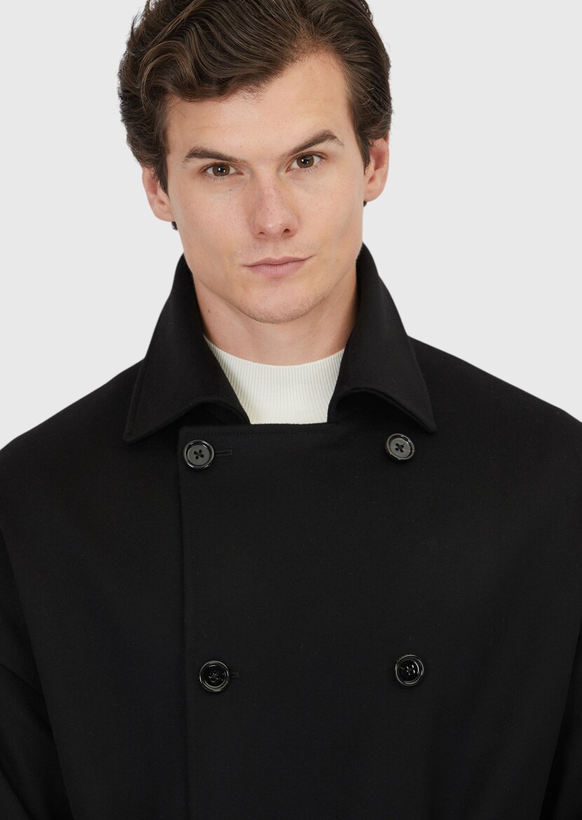 Black Oversize Fit Casual Weaving Overcoat - 4