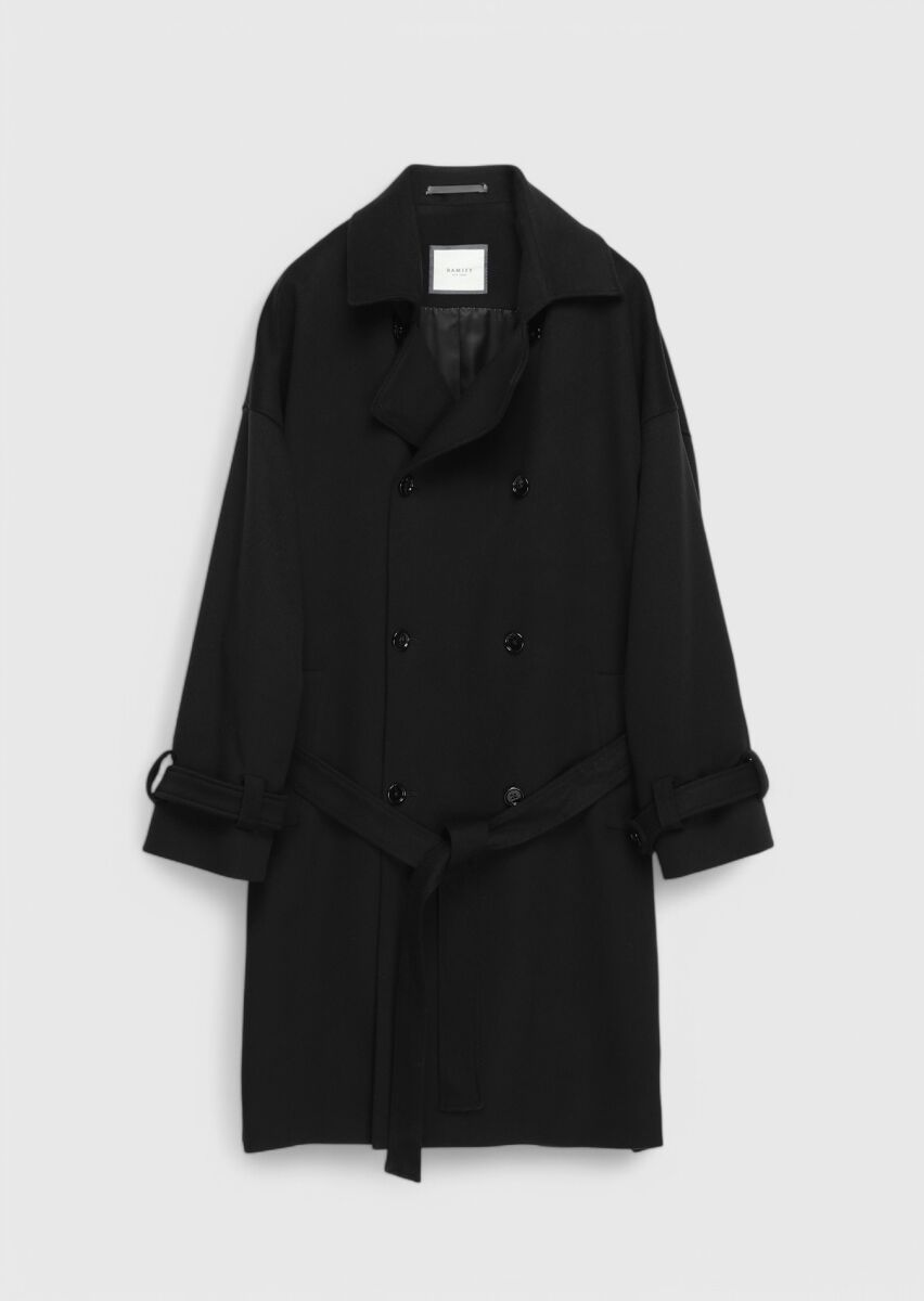 Black Oversize Fit Casual Weaving Overcoat - 8