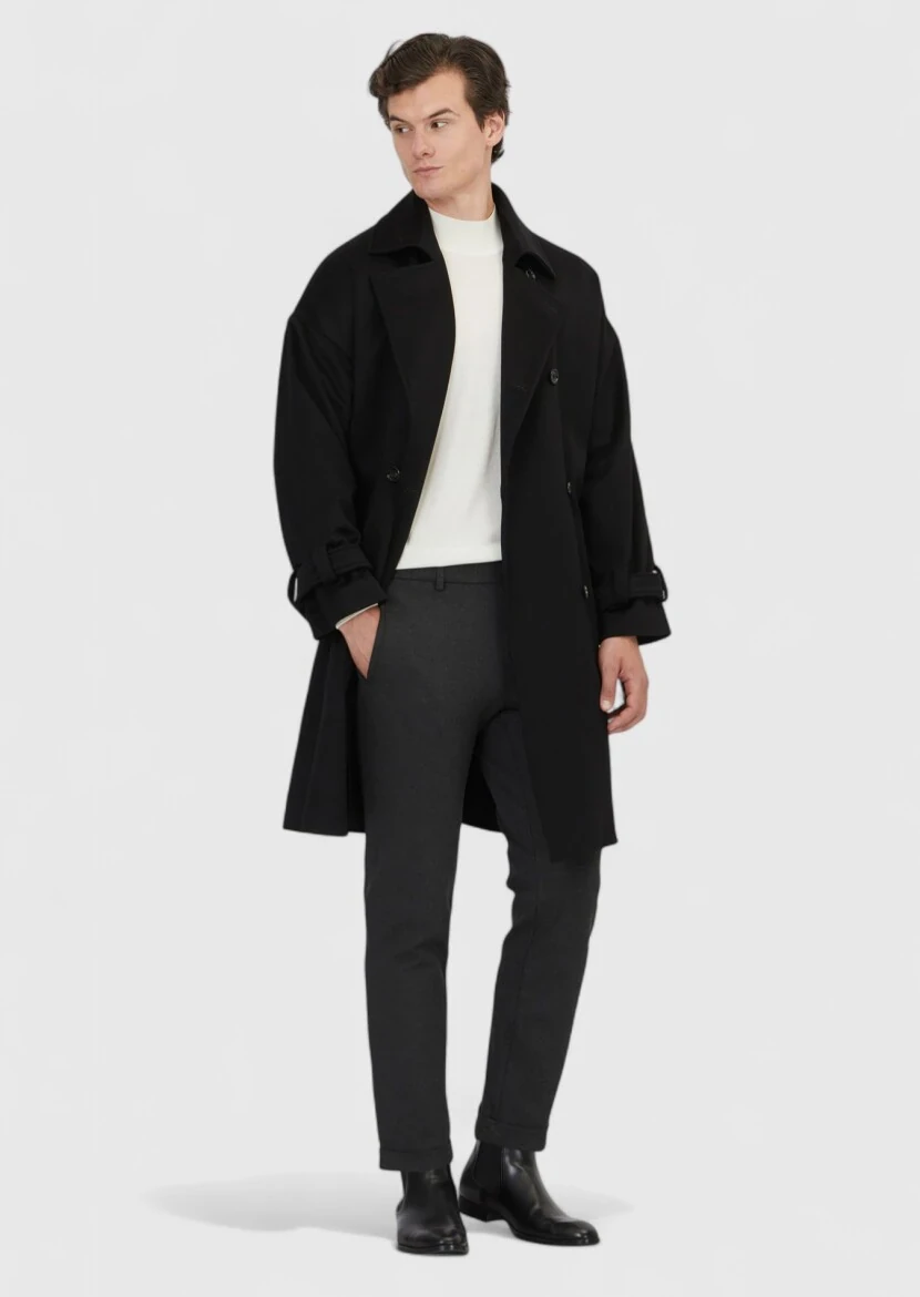 Black Oversize Fit Double Breasted Collar Casual Weaving Overcoat - 2