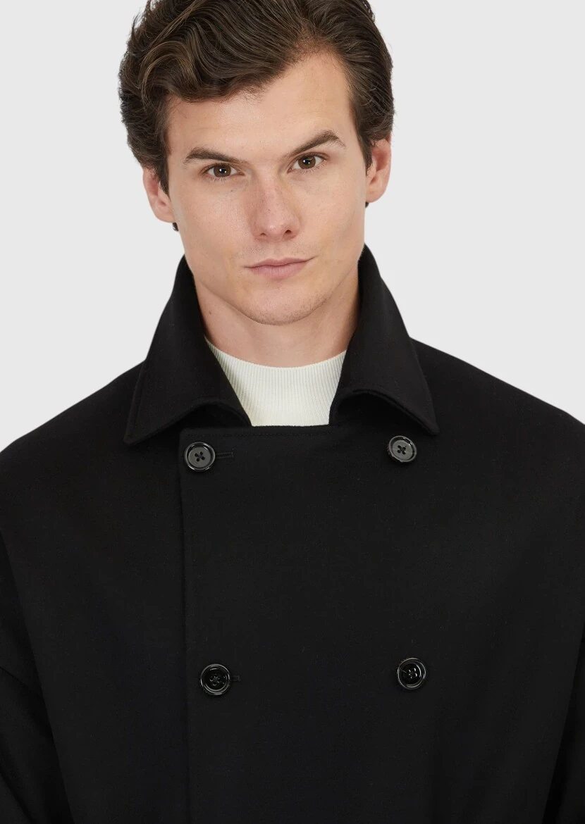 Black Oversize Fit Double Breasted Collar Casual Weaving Overcoat - 4