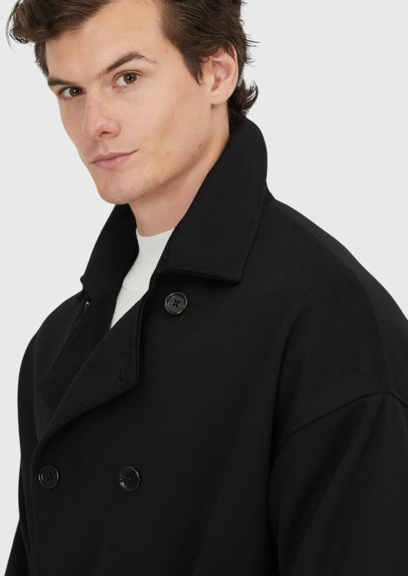 Black Oversize Fit Double Breasted Collar Casual Weaving Overcoat - 5