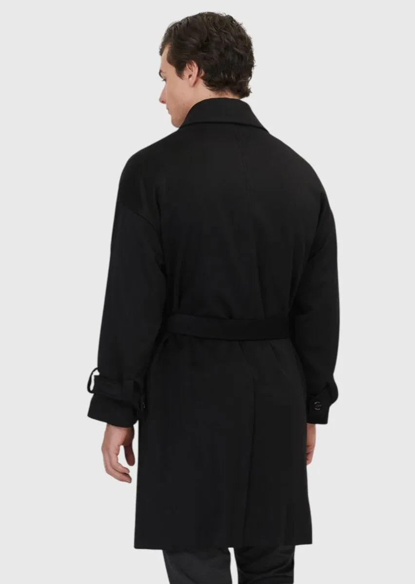 Black Oversize Fit Double Breasted Collar Casual Weaving Overcoat - 7