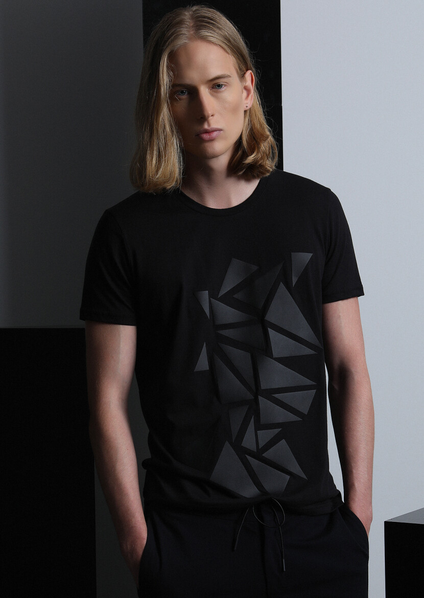 Black Patterned 100% Cotton T-Shirt - 1