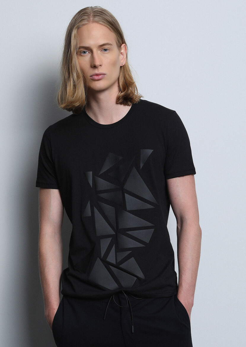Black Patterned 100% Cotton T-Shirt - 2
