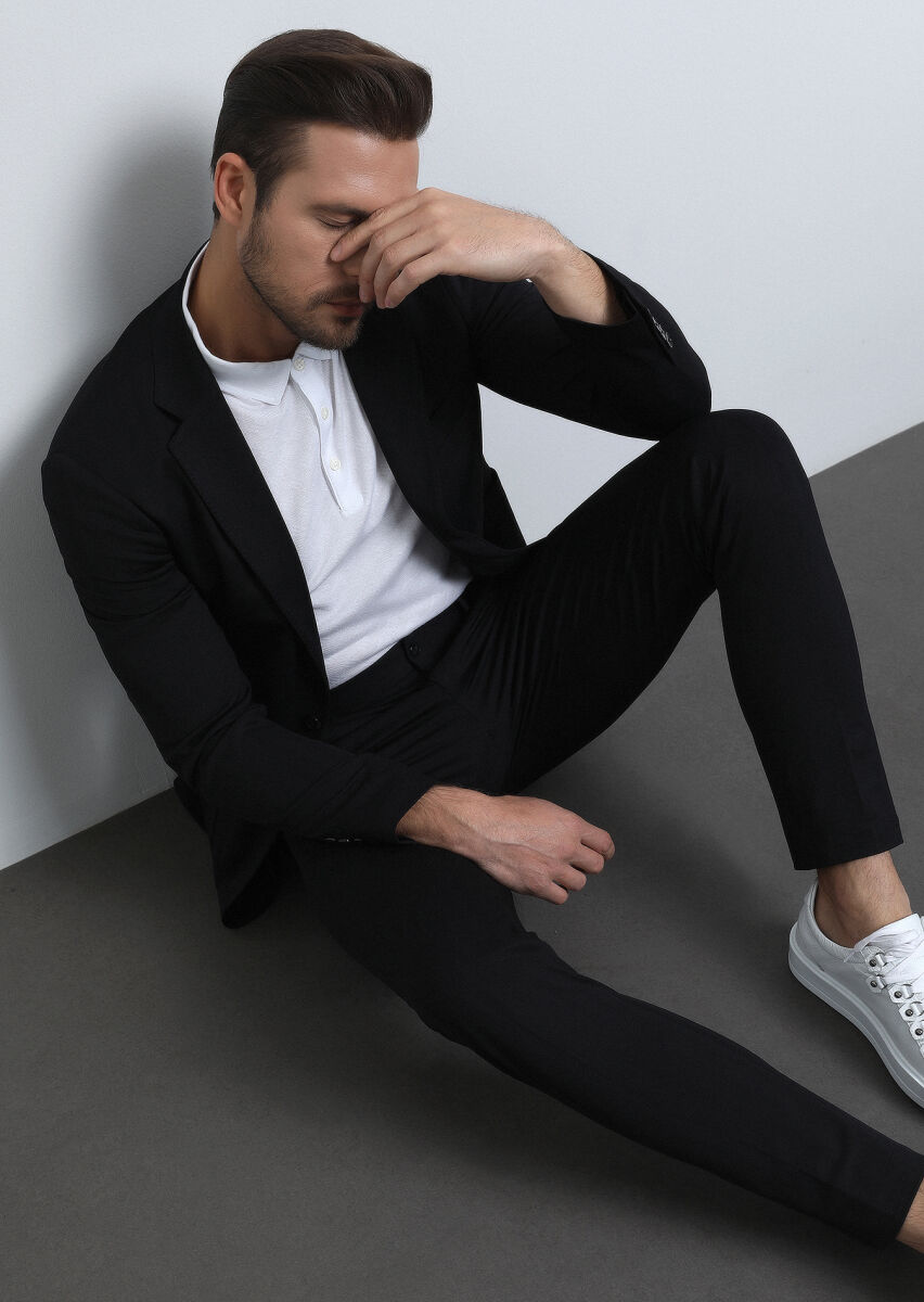 Black Patterned Comfort Fit Suit - 1