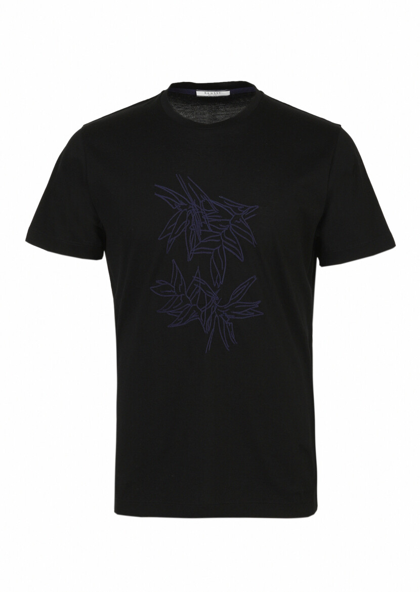 Black Patterned Crew Neck 100% Cotton T-Shirt 