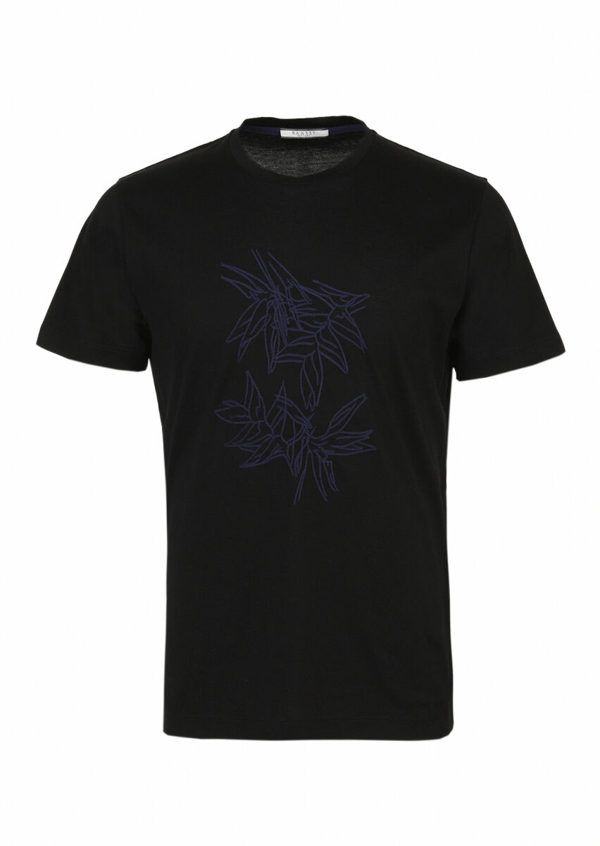 Black Patterned Crew Neck 100% Cotton T-Shirt - 1