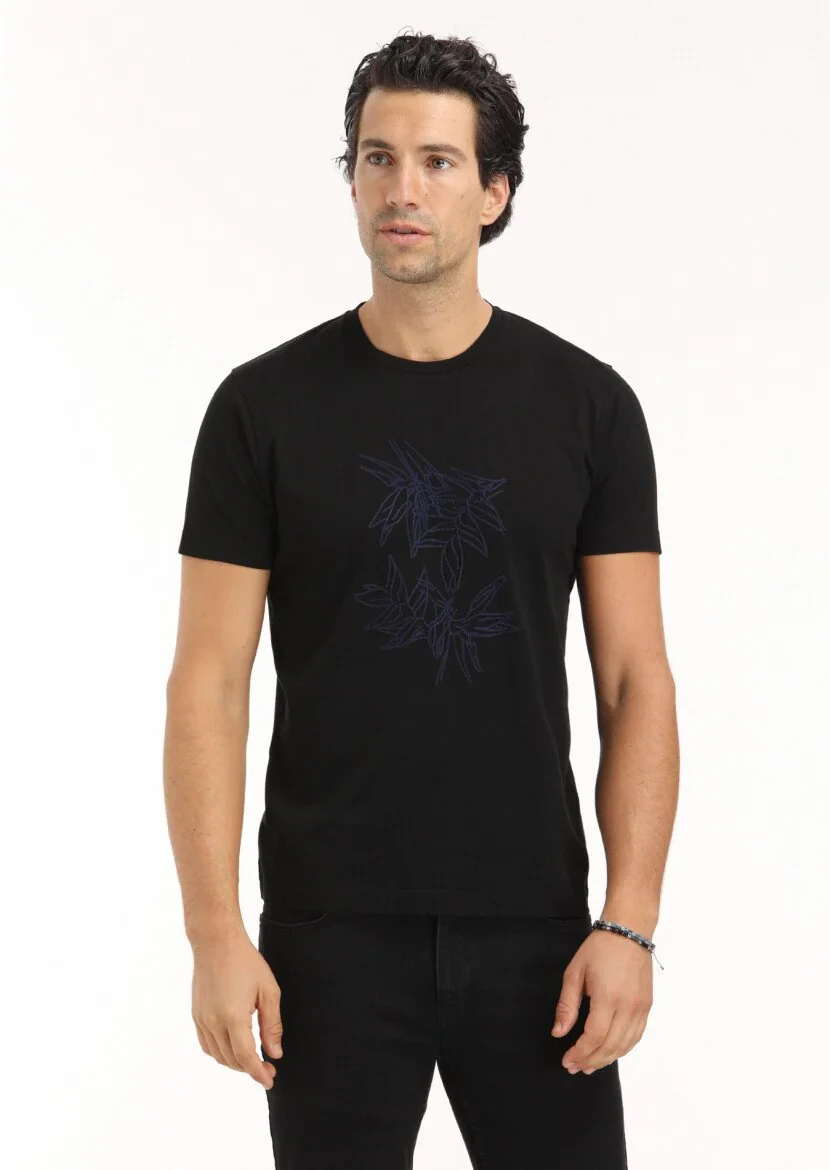 Black Patterned Crew Neck 100% Cotton T-Shirt 