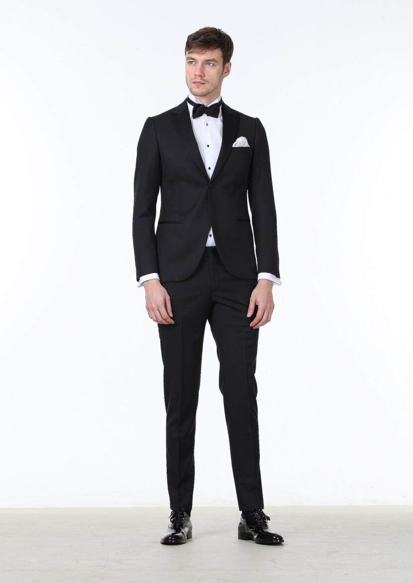 Black Patterned Fashion Slim Fit Double Breasted Collar Weaving Tuxedo - 1